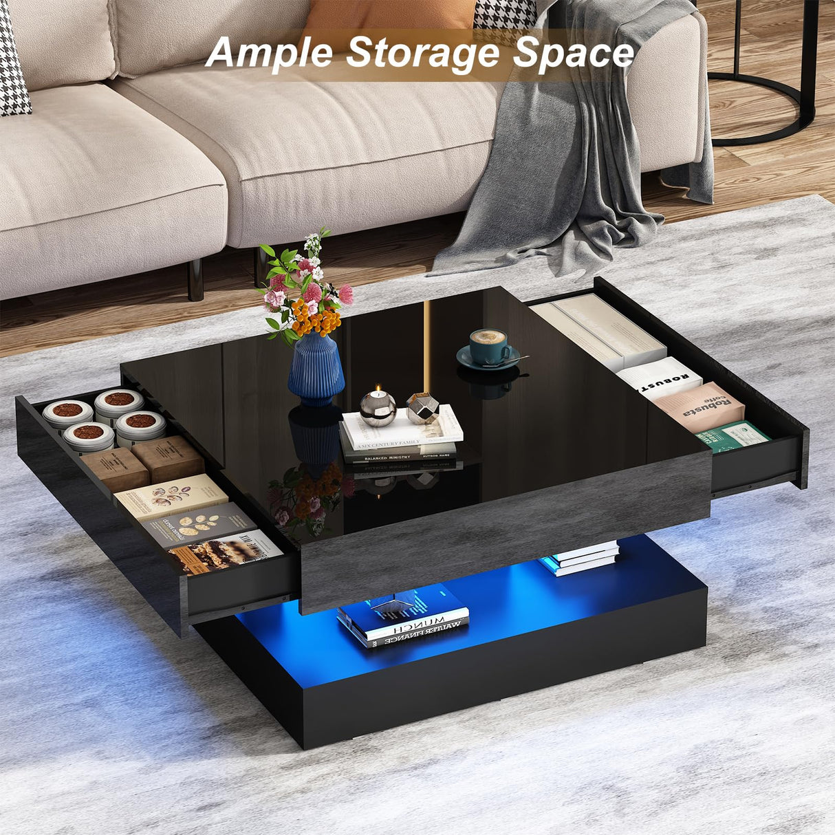 jiteentarou 33.9" LED Coffee Table with Storage, Modern High Glossy Living Room Table w/2 Drawers,Double-Layer Design Large Square Center Table for Living Room, Home, Office, Black jiteentarou