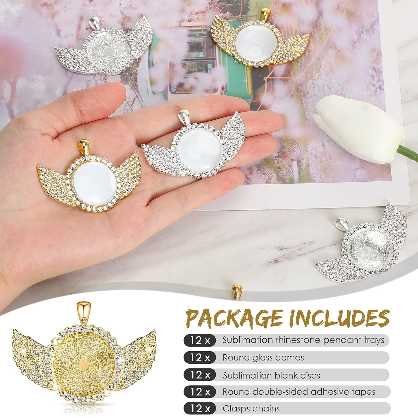 Hicarer 60 Pcs Sublimation Angel Wing Jewelry Blanks Set Rhinestone Bezel Pendant Trays Glod and Silver Sublimation Necklace Blank with Chain for Valentine's Days Making Crafts Wedding Jewelry Gifts