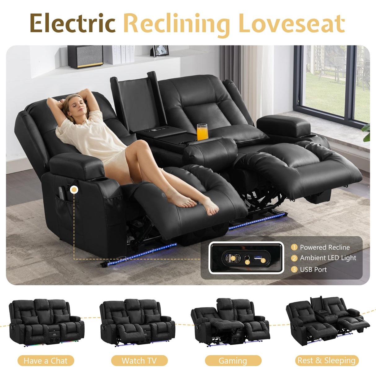Houjud Power Loveseat Recliner Sofa with Console, RV Flip Middle Backrest Design 3 Seat Reclining Sofa Couch with Vibrating Massage and Heat, LED Light, USB, Bluetooth Speakers, Outlets, Black Houjud