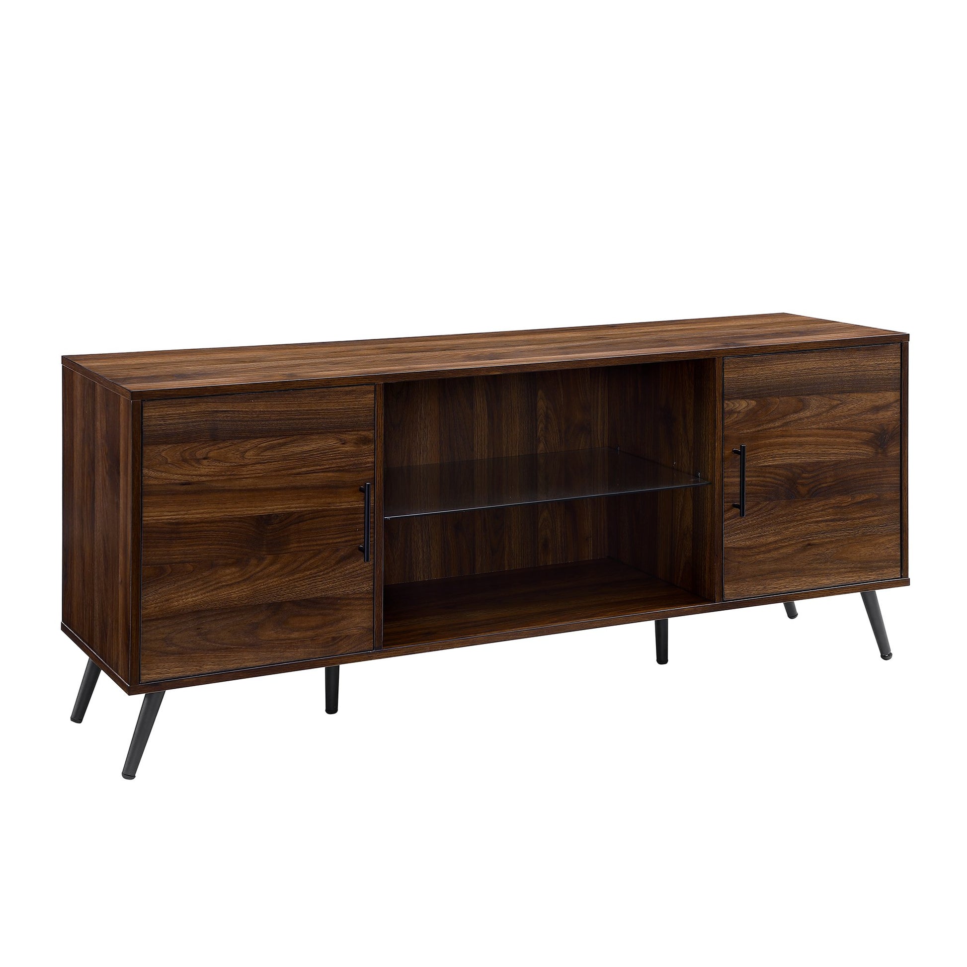 Walker Edison Saxon Mid Century Modern Glass Shelf TV Stand for TVs up to 65 Inches, 60 Inch, Walnut - WoodArtSupply