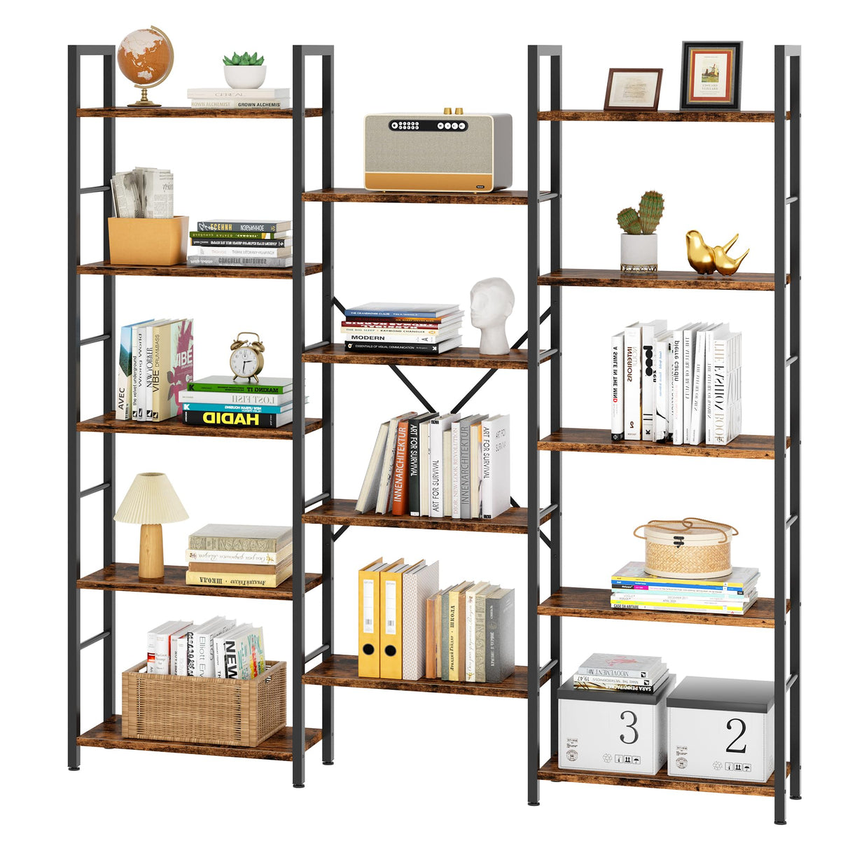 Meilocar Triple Wide 5 Tier Bookshelf, Book Shelf with 14 Open Display Shelves, Free Standing Bookcase with Adjustable Shelves for Home Office, Living Room, Bedroom, Rustic Brown Meilocar