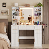 PAKASEPT Vanity Desk with Mirror and Lights, Fluted Makeup Vanity Desk with Lights 3 Colors, Glass Top Vanity with 16 RGB Colors Cabinet, 2 Shelves & 5 Drawers & Power Outlet for Bedroom PAKASEPT