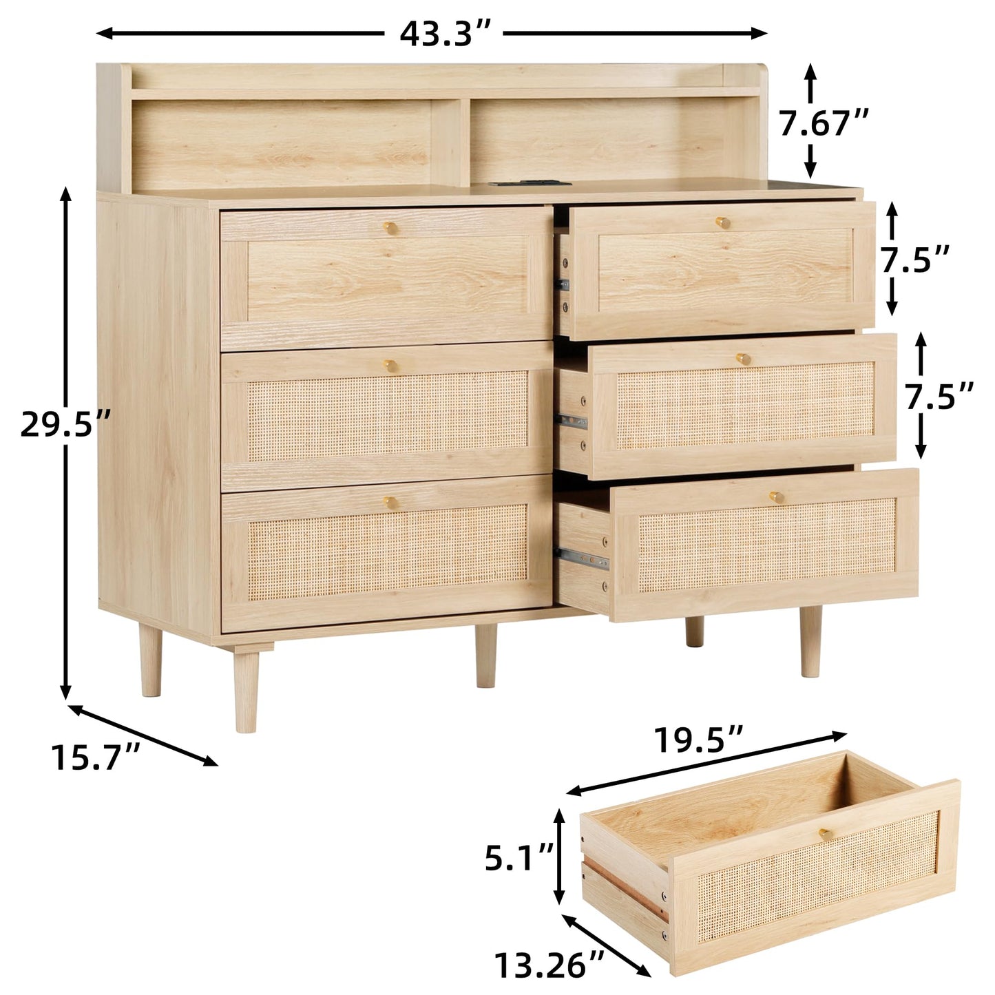 FUQARHY Rattan Dresser for Bedroom with Shelves, Modern 6 Drawer Double Dresser with Charging Station, Wood Chest of Drawers for Bedroom, Living
