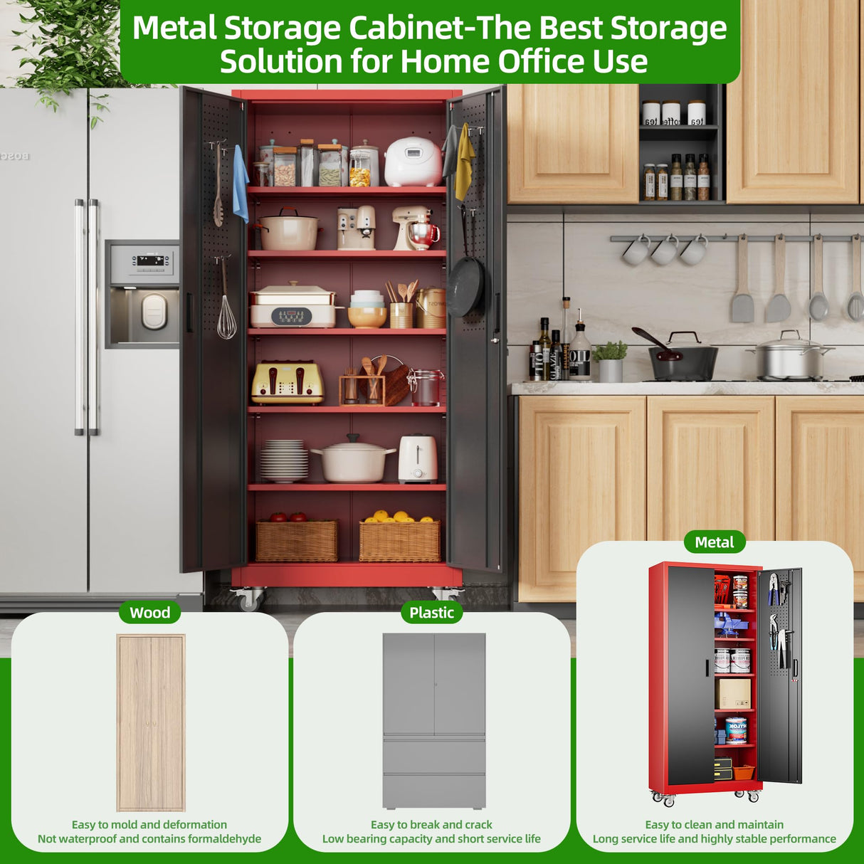 JAORD 71" Metal Storage Cabinet with Wheels and Pegboard, Lockable Rolling Steel Storage Cabinet with 5 Adjustable Shelves and Door for Garage, Office, Kitchen, Assembly Required（Black and red） JAORD