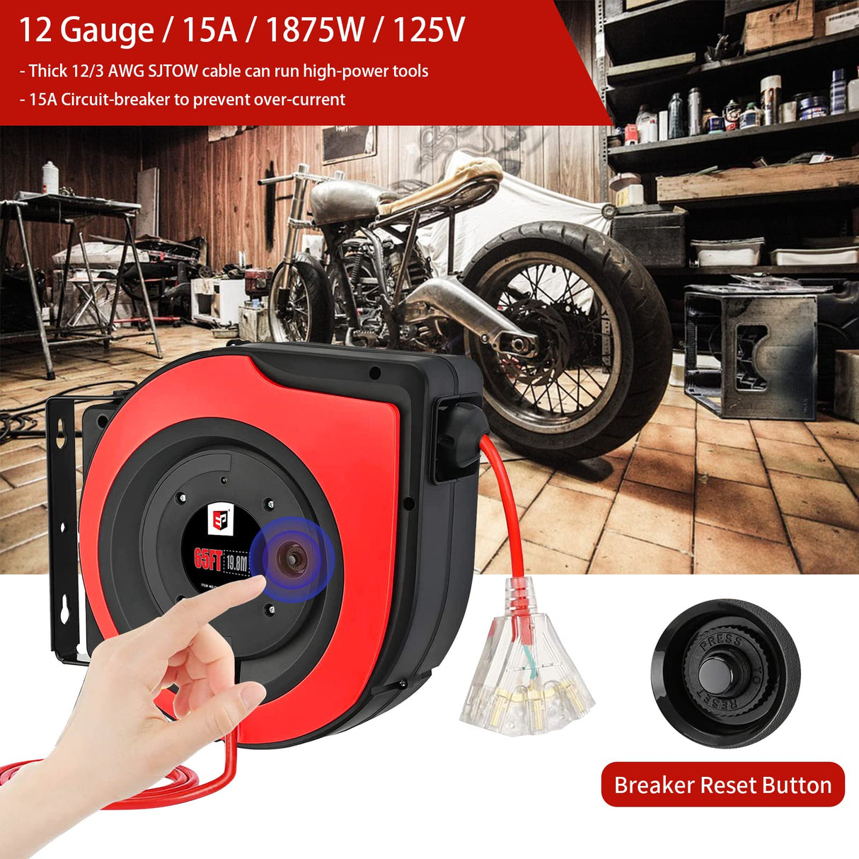 EP Retractable Extension Cord Reel,65 Feet 12 AWG/3C SJTOW Heavy Duty Power Cord,15 AMP Circuit Breaker, 3-Lighted Triple Outlets,Ceiling or Wall Mount Use Indoor/Outdoor, Red EP