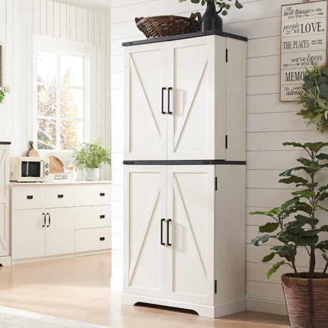 ACCOHOHO 72" Tall Kitchen Pantry, Farmhouse Storage Cabinet with Barn Doors, Organizer, Drawer and Adjustable Shelves, Rustic Wood Cupboard for Kitchen, Dining Room, Bathroom, Off White ACCOHOHO