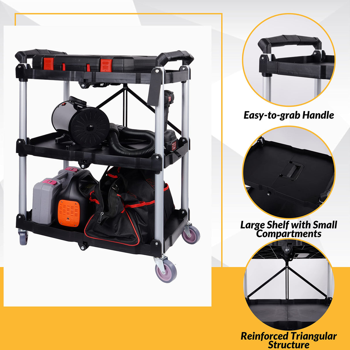 ELEVON Portable Folding Collapsible Service Cart Foldable Service Cart 3 Tier Collapsible Push Cart Folding Utility Carts with Wheels for Office Warehouse Home, Black Elevon