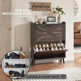 Barnyatoh Shoe Storage Cabinet,Farmhouse Shoe Organizer with 2 Flip Drawers & Barn Door Design,Freestanding Hidden Slim Narrow Shoe Rack Cabinet for Entryway,Foyer,Hallway,Dark Oak Barnyatoh