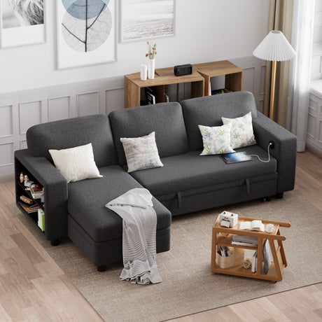 Furmax 80″ Sleeper Sofa Couch with Pull Out Bed L Shaped Sleeper Sofa with Storage Chaise, USB Charging Ports & 2 Built-in Bookshelves 3-Seat Sectional couches for Living Room (Fabric, Grey) Furmax