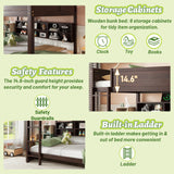 OYUMOENTS Queen Over Queen Bunk Bed, Solid Pine Wood Bunk Bed with Built-in Storage Cabinets, Charging Station, Ladder,Safety Guardrails, No squeaking for Teens & Adults, Brwon OYUMOENTS