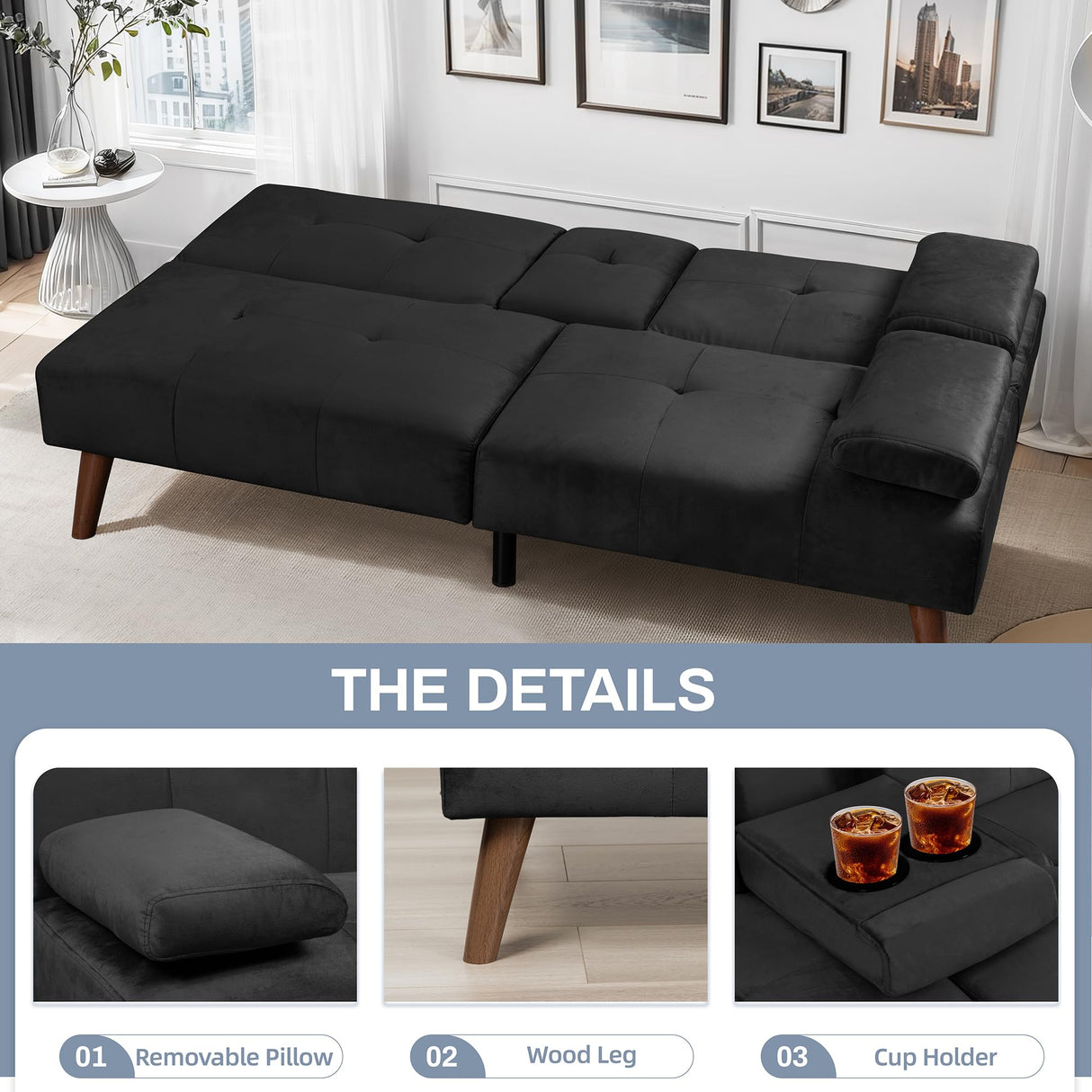 JAMFLY Futon Couch Sofa Bed Convertible, Small Sleeper Sofa Chair Loveseat with Cup Holder for Small Spaces, Living Room, Bedroom, Gameroom, Apartment, Dorm (Black) JAMFLY