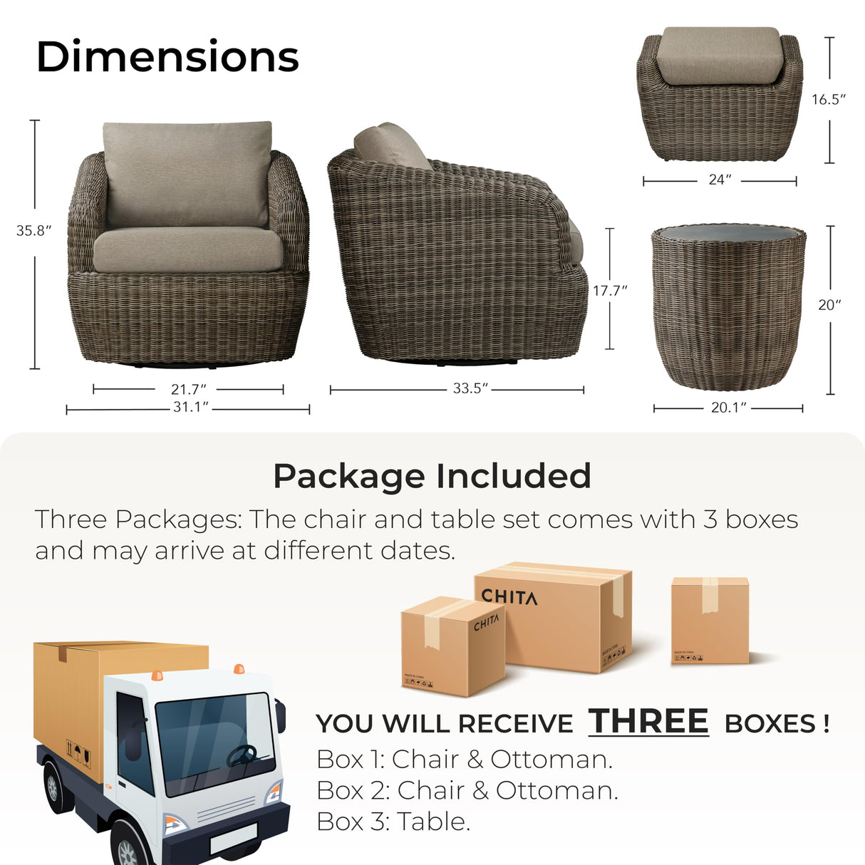 CHITA 5 Pieces Patio Wicker Furniture Set, Outdoor Rattan Bistro Set with Removable Thickened Cushions, Fully Assembled(Gray Cushions with Brownish Gray Wicker) CHITA