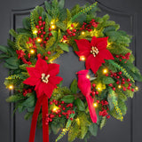 Pinkpuii Pre-Lit Christmas Wreaths for Front Door 24 Inch Christmas Wreath with Lights,Large Winter Wreath with Cardinal Birds,Poinsettia,Green Evergreen Pine Needles Red Berries Holiday Wreath Decor Pinkpuii