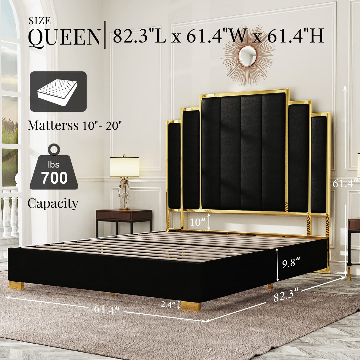 Albott Queen Size Platform Bed Frame, 61.4" Velvet Upholstered Bed with Gold Trim Headboard/Wooden Slats/No Box Spring Needed/Black Albott