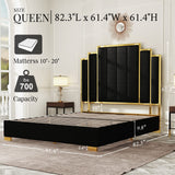 Albott Queen Size Platform Bed Frame, 61.4" Velvet Upholstered Bed with Gold Trim Headboard/Wooden Slats/No Box Spring Needed/Black Albott