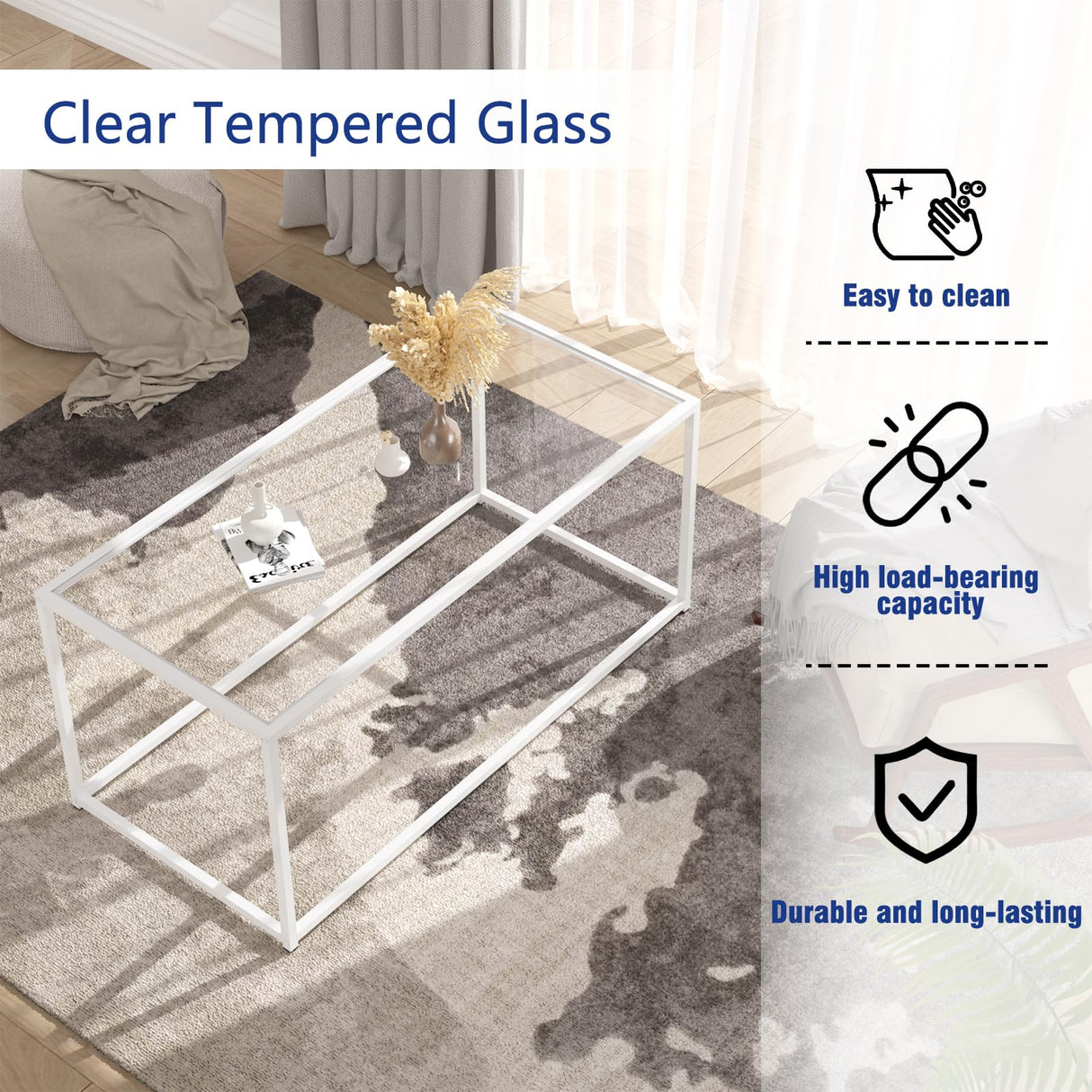 Coffee Table Glass Center Table,Modern Minimalist Coffee Table for Living Room,Tempered Glass-top with Sturdy Metal Frame, Easy Assembly,39.4 x 18.9 x 17.7 Inches,White Easy Paws