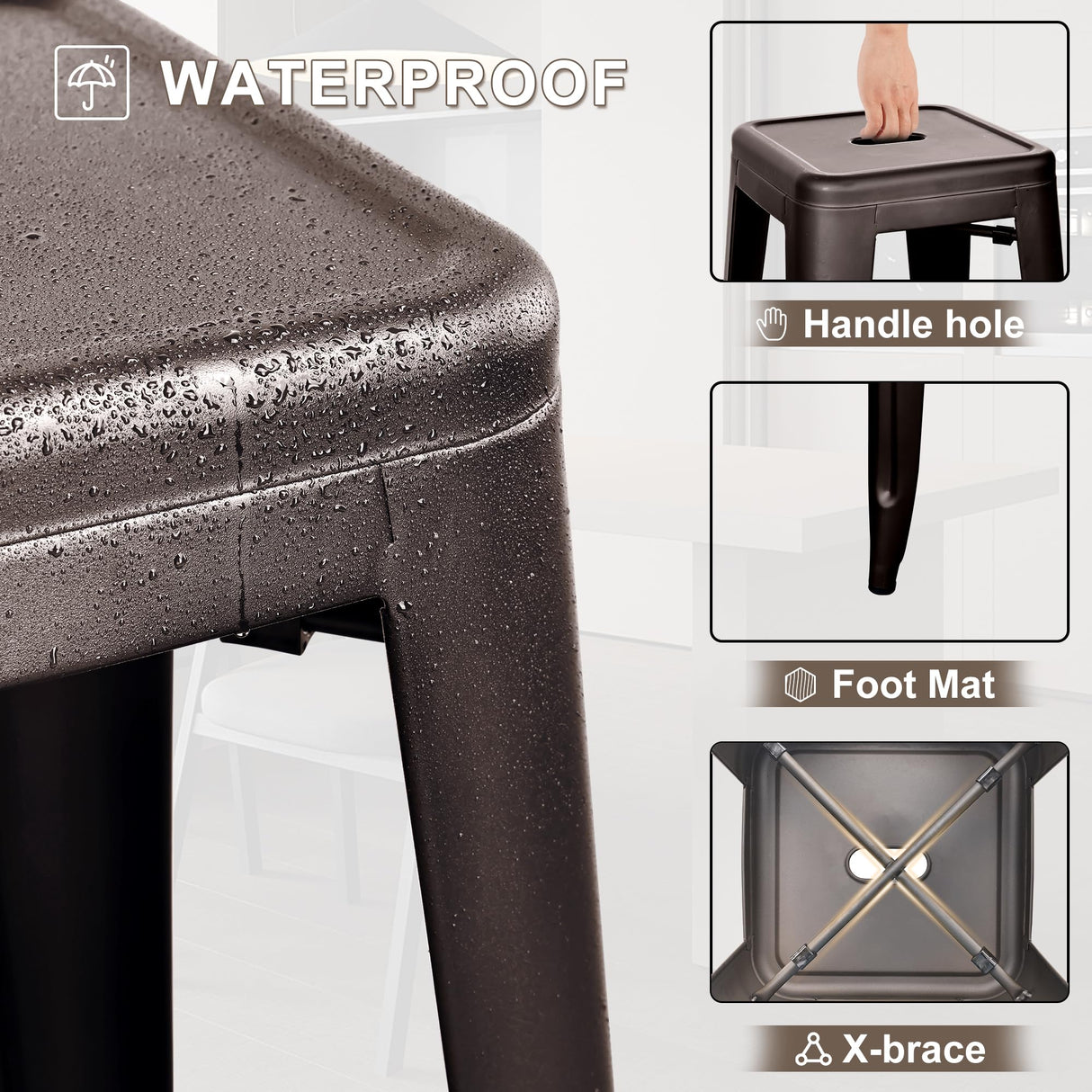 Elevon 30 Inches Metal Bar Stools, High Backless Stools, Indoor Outdoor Stackable Kitchen Stools, Set of 4, Gun Elevon