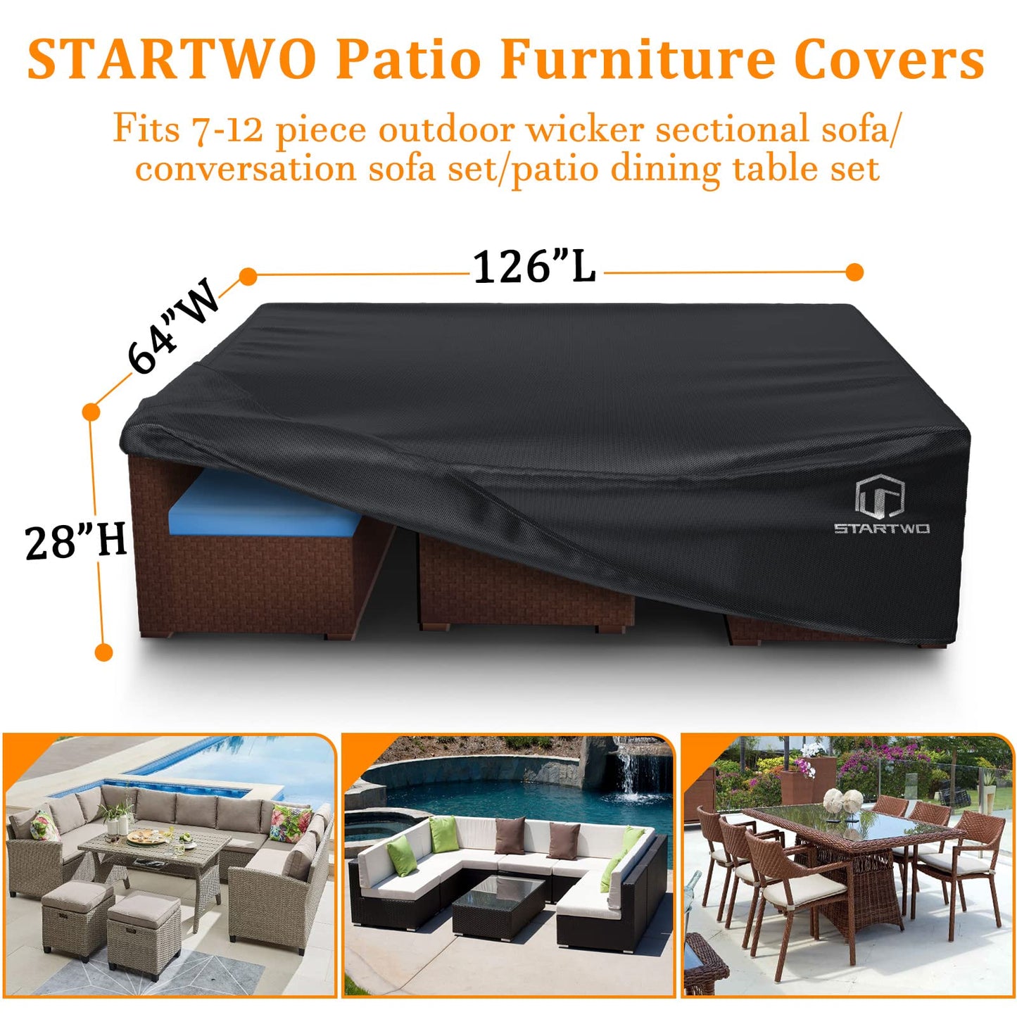 STARTWO Patio Furniture Covers Waterproof, Anti-UV Tear-Resistant 500D Heavy Duty 7-12 Seats Outdoor Furniture Set Cover for Sectional Sofa, Patio Table Cover, 126"x63"x28", Black