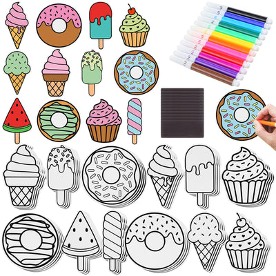 Motipuns 48 Sets Summer Dessert Arts Crafts Coloring Magnets Kits for Fridge Kids Color Your Own Ice Cream Donut Cupcake DIY Magnetic Sweet Treat Crafts for Home Classroom Party Activities