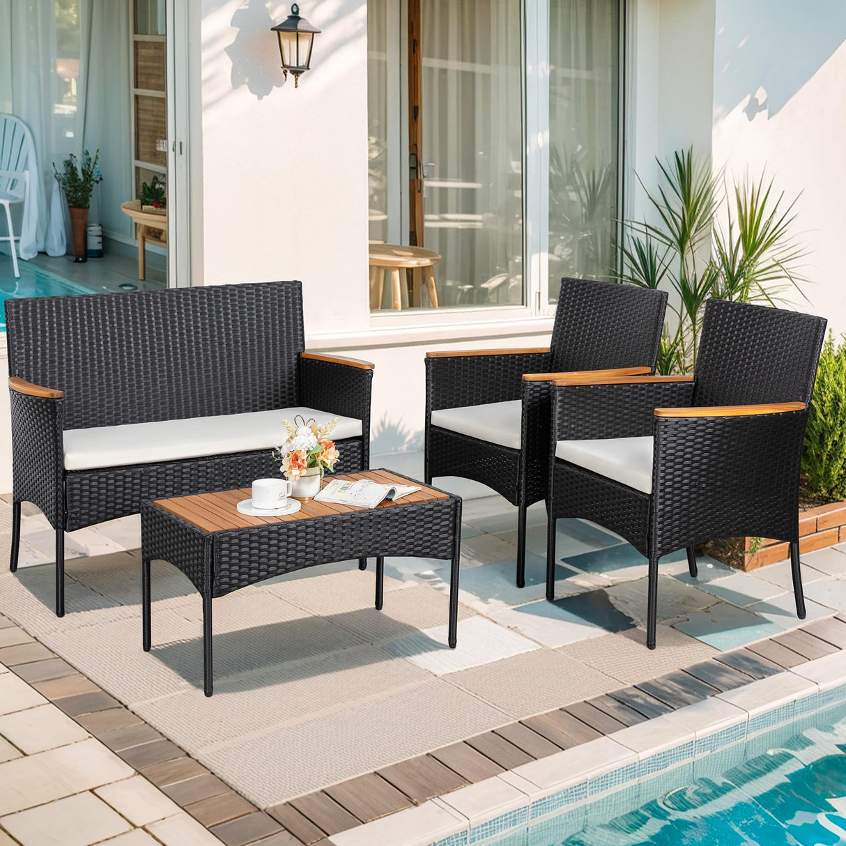 JAMFLY Patio Furniture Set 4 Piece Conversation Set Outdoor Wicker Rattan Chairs Backyard Pool Garden Porch Balcony Patio Loveseat with Cushions and Table, Black/Beige JAMFLY