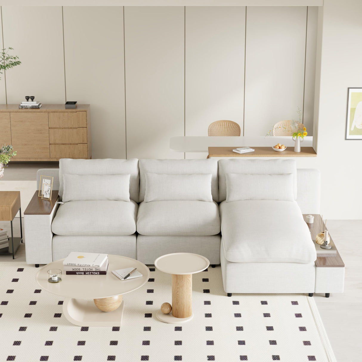 L-Shaped Modular Sectional Sofa with Removable Back Cushions, 3 Pillows and 2 Storage Spaces, Suitable for Living Rooms, Offices Apartments Merax