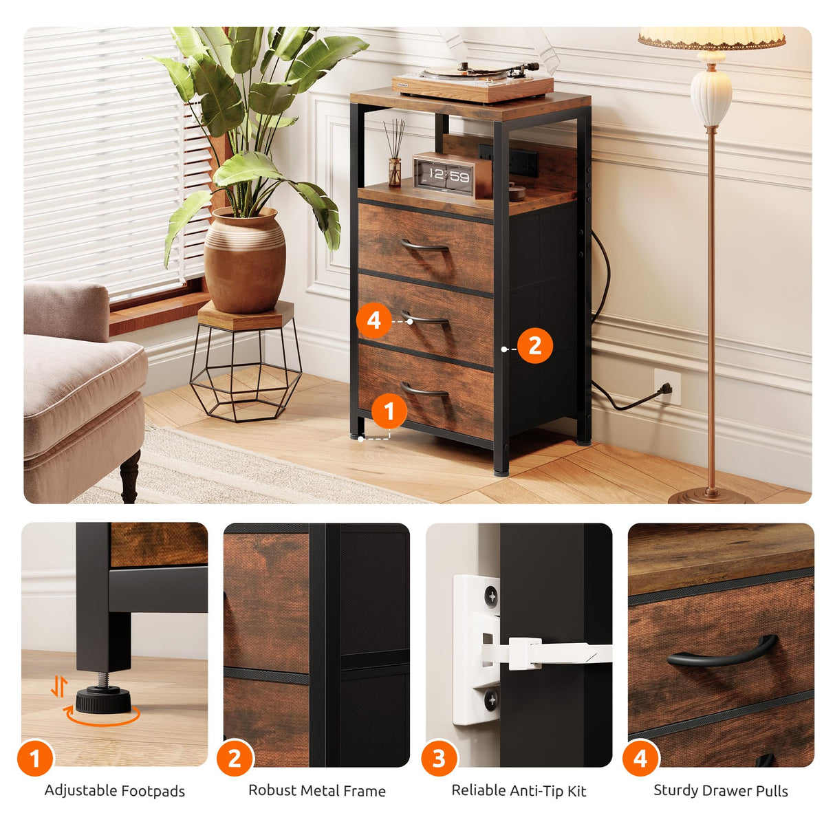 NightStand Bedside Charging Table Bedroom - Night Stand with Charger Station, Modern Nightstand with Open Shelf & 3 Fabric Drawers, Bed Side Table USB-C USB Ports & AC Outlets for Dorm Living Room Lazzanto