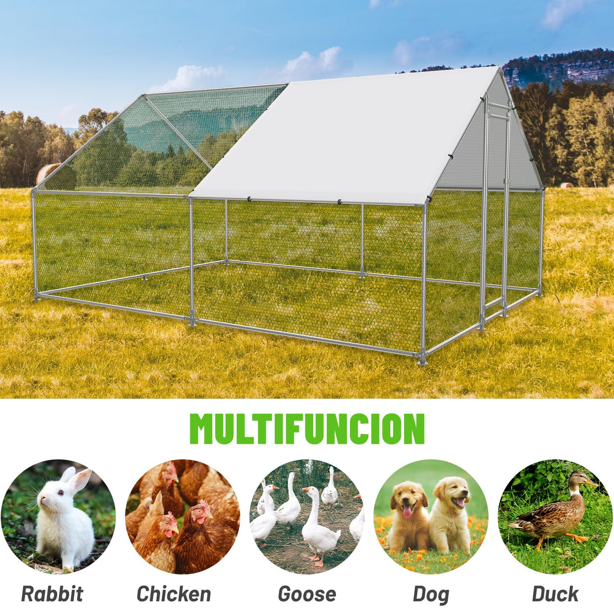 NUGRIART Large Metal Chicken Coop Walk-in Poultry Cage with Water-Resident and Anti-UV Cover Duck Rabbit Cat House Outdoor Chicken Run Pen with Spire Shaped Cage NUGRIART