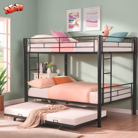 Movdevy Metal Full Over Full Bunk Bed with Trundle, Full Size Bunk Bed Frame with 2 Ladder for Kids Teens Girls Boys Adults, Convertible to 2 Full Size Platform Bed, Weight Capacity 600 Lbs Movdevy