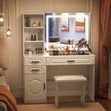 VOWNER Vanity with Lighted Mirror - Makeup Vanity Desk with Glass Top, Power Strip, Drawers and Shelves, 3 Color Lighting Modes Adjustable Brightness, Vanity Table with Cushioned Stool, 45'' L VOWNER