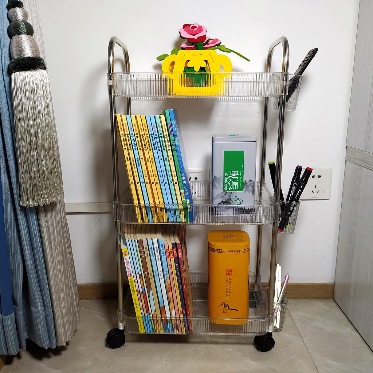 TENBOAT Narrow Places 3 Tier Transparent Bathroom Rolling Storage Cart Clear Toilet Side Storage Shelf Tight Spaces Organizer Rack Mobile Shelving Unit with Wheels Utility Cart (Mini Size) TENBOAT