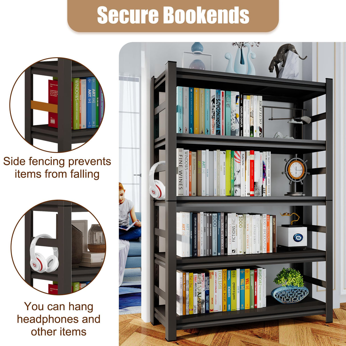 Tall Bookshelves, 72 Inch High Metal Bookshelf with Adjustable Shelves, Book Organizer and Bookcases, Book Shelves for Bedroom, Office, Living Room, Black Leariso