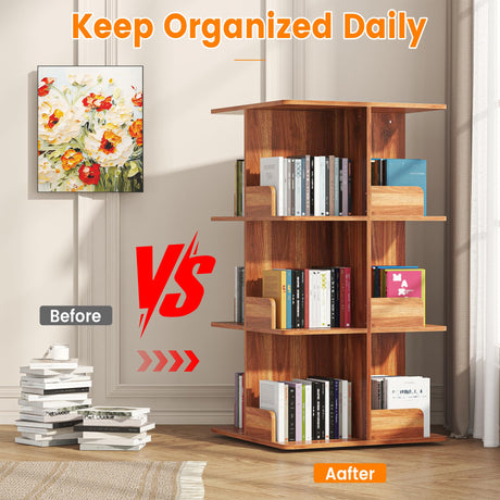 Semoic Rotating Bookshelf, 360° Display 4 Tier Square Revolving Bookcase, Spinning Book Shelf Tower, Freestanding Corner Bookshelf Storage Rack for Kids & Adults for Living Room Semoic