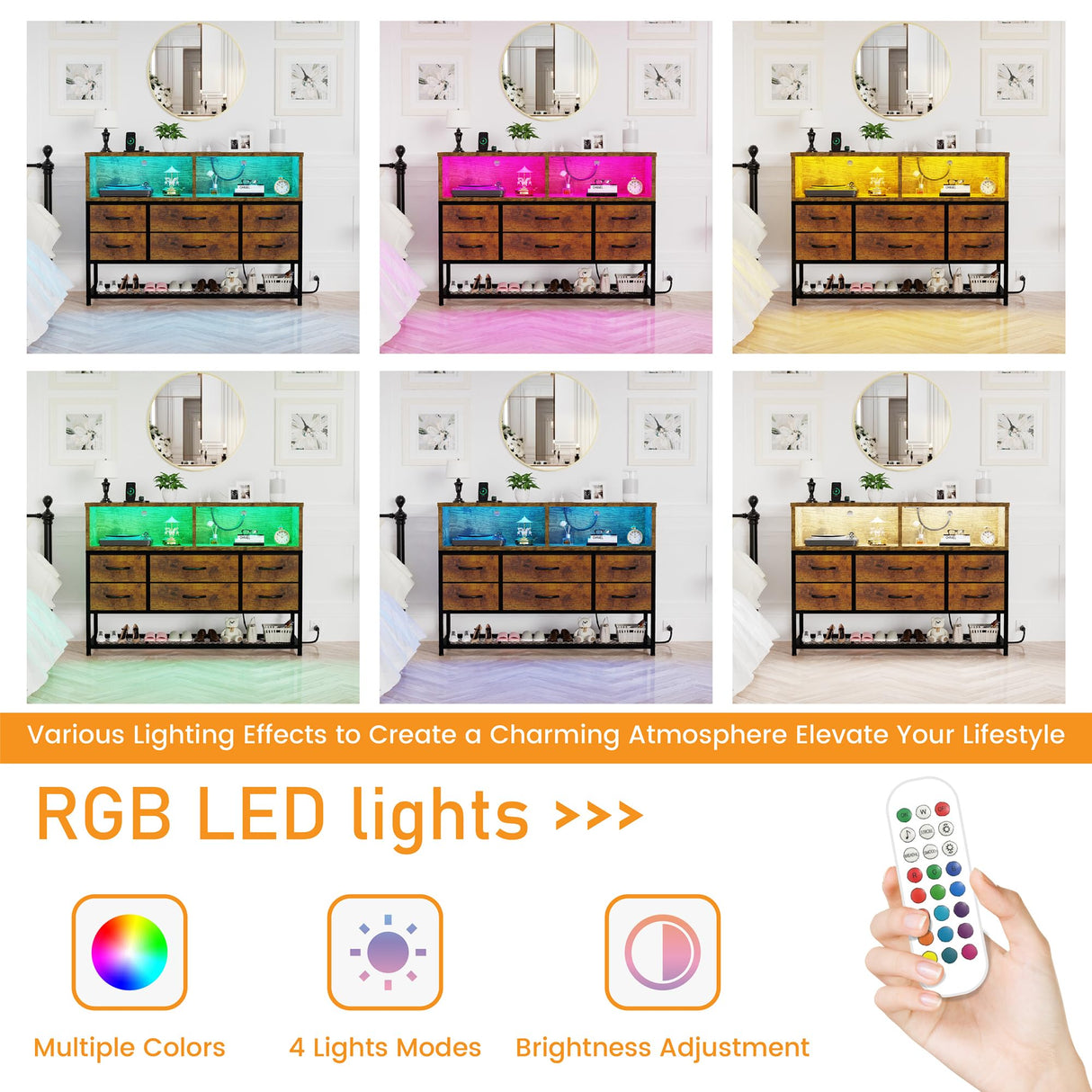 eiskah Dresser for Bedroom, 6 Drawers Led Dresser TV Stand with Power Outlets and LED Lights, Long Fabric Dressers Wide Chest of Drawers with Large Organizer Shoe Rack for Living Room, Entryway eiskah