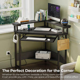 Rolanstar Corner Desk, 44.5" W x 34.5" H Small Carbon Fiber Computer Desk with Power Outlets, LED Lights and Keyboard Tray, Small Office Computer Desk with Monitor Stand for Small Space, Carbon Black Rolanstar
