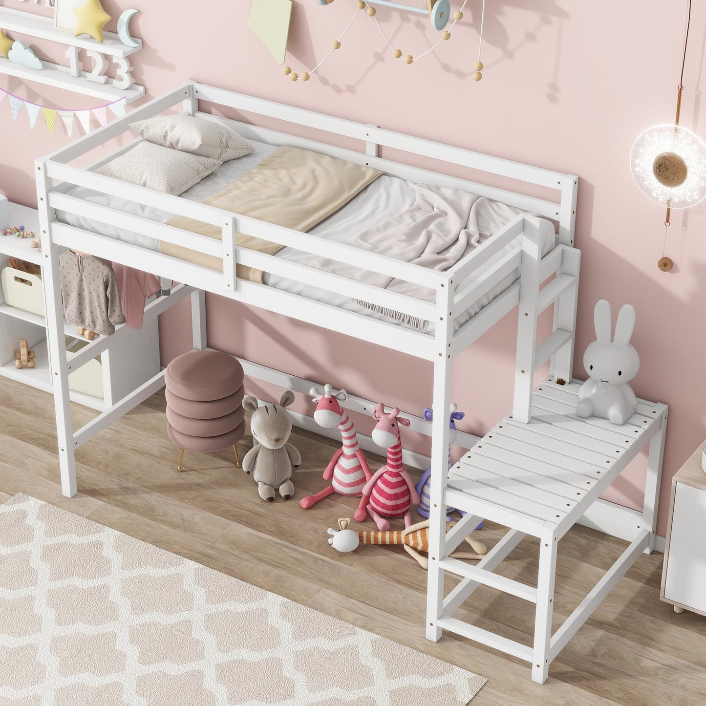 UOCFYK Twin Size Loft Bed with Platform Design for Kids Bedroom,Wood Loft Bed Frame with Ladder and High Guardrail,Under-Bed Storage & Clothes Drying Pole,No Box Spring Needed,White