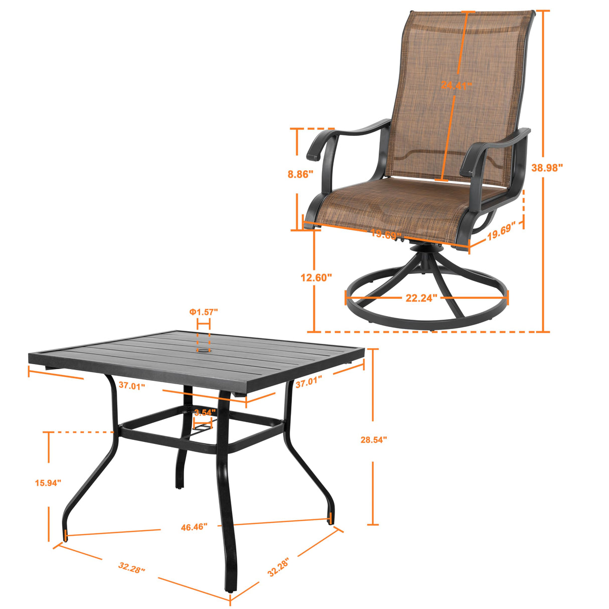 NUU GARDEN Outdoor Dining Set 5-Piece Patio Set with Weather-Resistant Table and 4 Textilene Swivel Chairs for Yard, Deck and Poolside, Brown and Black NUU GARDEN