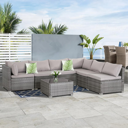 IJIALIFE 7 Pieces Patio Furniture Set, Modular Patio Set Wicker Outdoor Sectional Sofa Set PE Rattan Wicker Patio Conversation Set with Thickened Cushions and Coffee Table,Gray Wicker/Gray Cu - WoodArtSupply