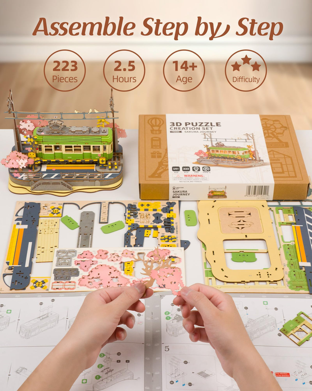 Rolife 3D Wooden Puzzle for Adults, Sakura Journey Tram DIY Model Building Kits with LED Lights, Creative Kids Craft Hobby Gift and Brain Teaser Home Decor Assembly Toy Rolife