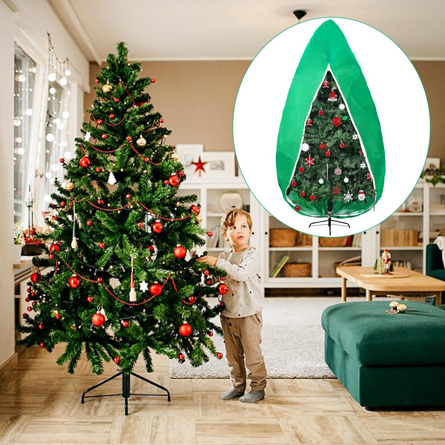 Upright Christmas Tree Storage Bag, Christmas Tree Cover for Up to 9 Foot Standing Artificial Tree with Ornaments, Large Holiday Assembled Xmas Tree Dustproof Bag with Zipper & Drawstring(Green)