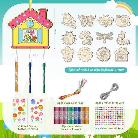 12 Pack Wind Chime Kit for Kids Make Your Own Wind Chime DIY Wood Arts and Crafts Decorative Coloring Wooden Hanging Ornaments for Girls Boys Home School Activity Party Supplies(Spring Flower Animal) TREACLUB