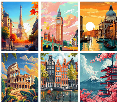 6 Pack Famous Landscape Diamond Art Kits for Adults Beginners,Full Round Drill DIY Diamond Painting Kits,Paint by Diamonds Dot Gem Art Crystal Easy,Home Wall Decor 12x16Inch