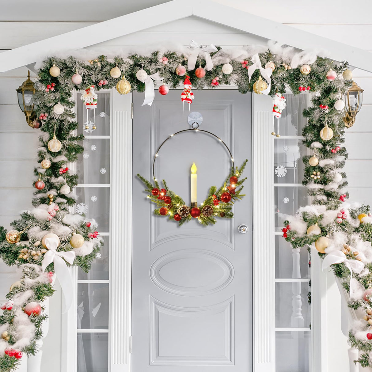 Dolicer 2 Pcs Christmas Wreaths for Front Door Window 12In Christmas Wreaths with LED Lighted Taper Candles and Remote Control Berries and Pine Cones Wreaths for Holiday Christmas Party Decoration Dolicer