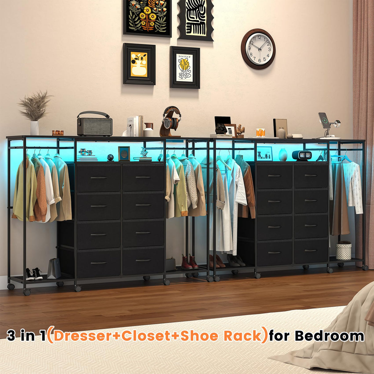 Frmobepts 59.1" W Dresser for Bedroom with Hanging Rack, 8 Drawer Dresser with LED Lights & Charging Station, Fabric Dressers with Portable Wheels,Metal Frame, Wooden Top (Black) Frmobepts