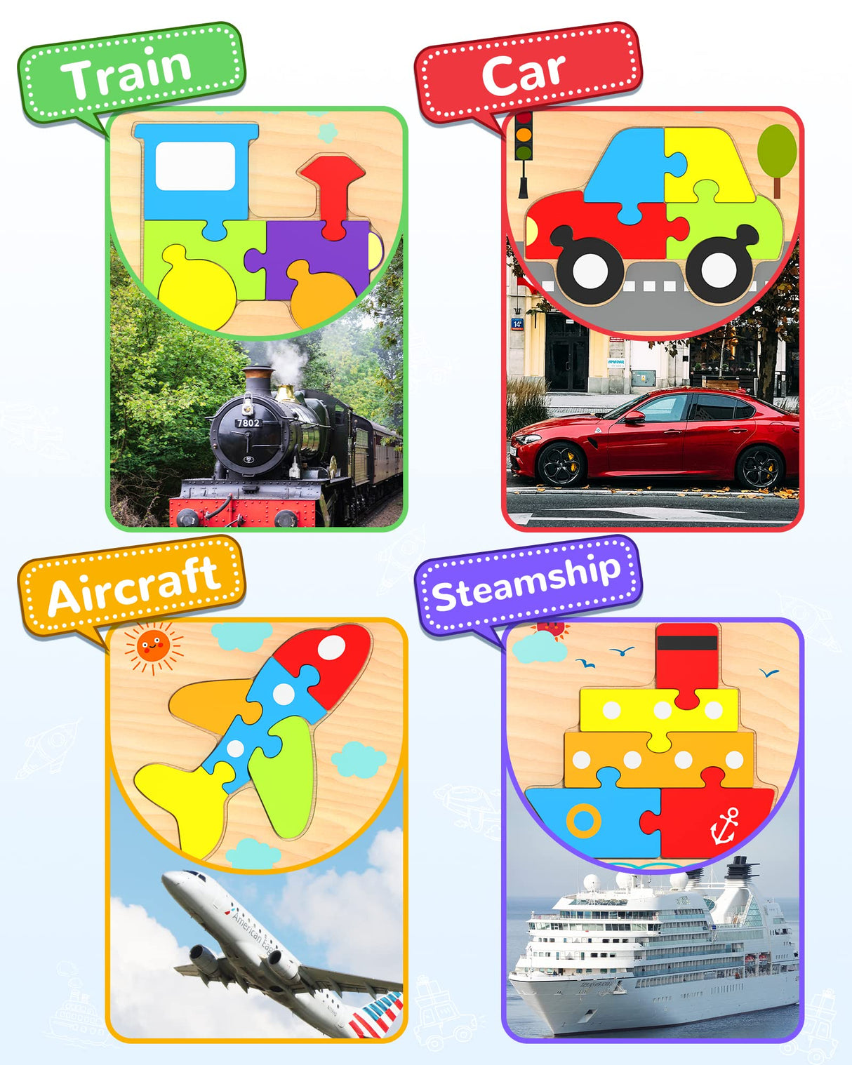 Yetonamr Wooden Toddler Puzzles Gifts Toys for 1 2 3 Years Old Boys Girls, 4 Vehicle Shape Montessori Toys Educational Blocks Kids Toys Gift Baby Learning Toy Age 1-3, 2-4 Yetonamr