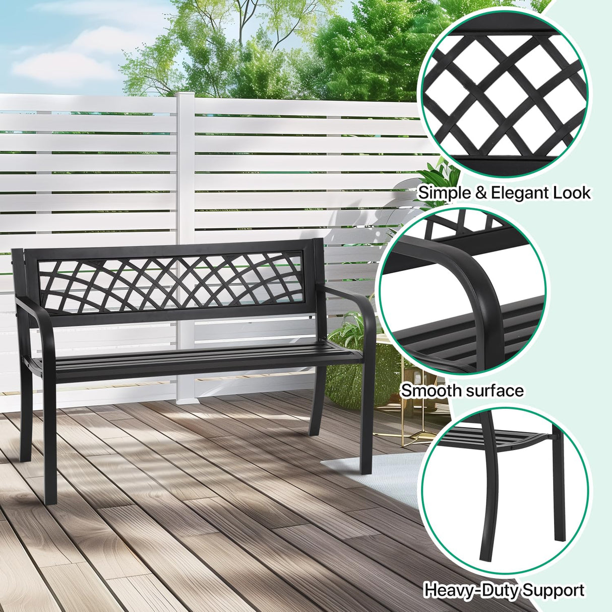 Dkeli Patio Outdoor Bench Park Metal Sturdy Cast Iron Garden Benches Porch Chair Seat Furniture with Armrests 480BLS Bearing Capacity for Park Yard Deck Entryway, Black Dkeli