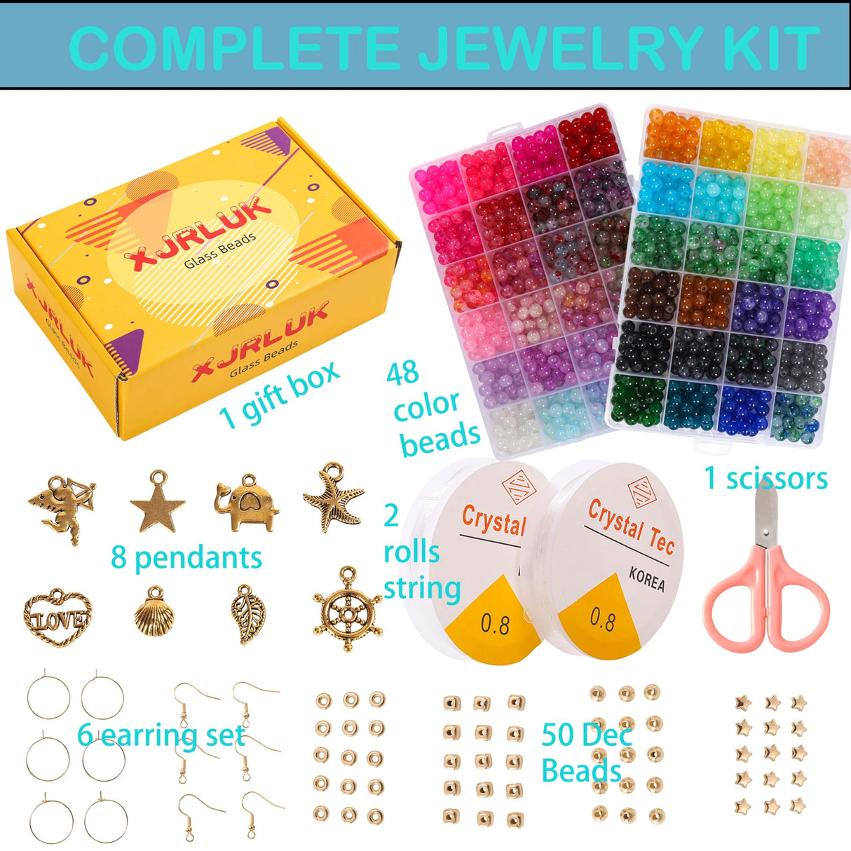 Glass Beads for Jewelry Making, 1300pcs + 8mm 48 Colors Round Crystal Glass Beads Bracelet Making Kit, Bead Starter Kit for Birthday Holiday Gifts XJRLUK