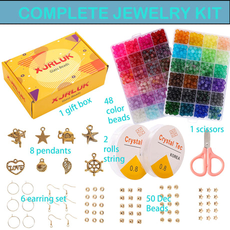 Glass Beads for Jewelry Making, 1300pcs + 8mm 48 Colors Round Crystal Glass Beads Bracelet Making Kit, Bead Starter Kit for Birthday Holiday Gifts XJRLUK