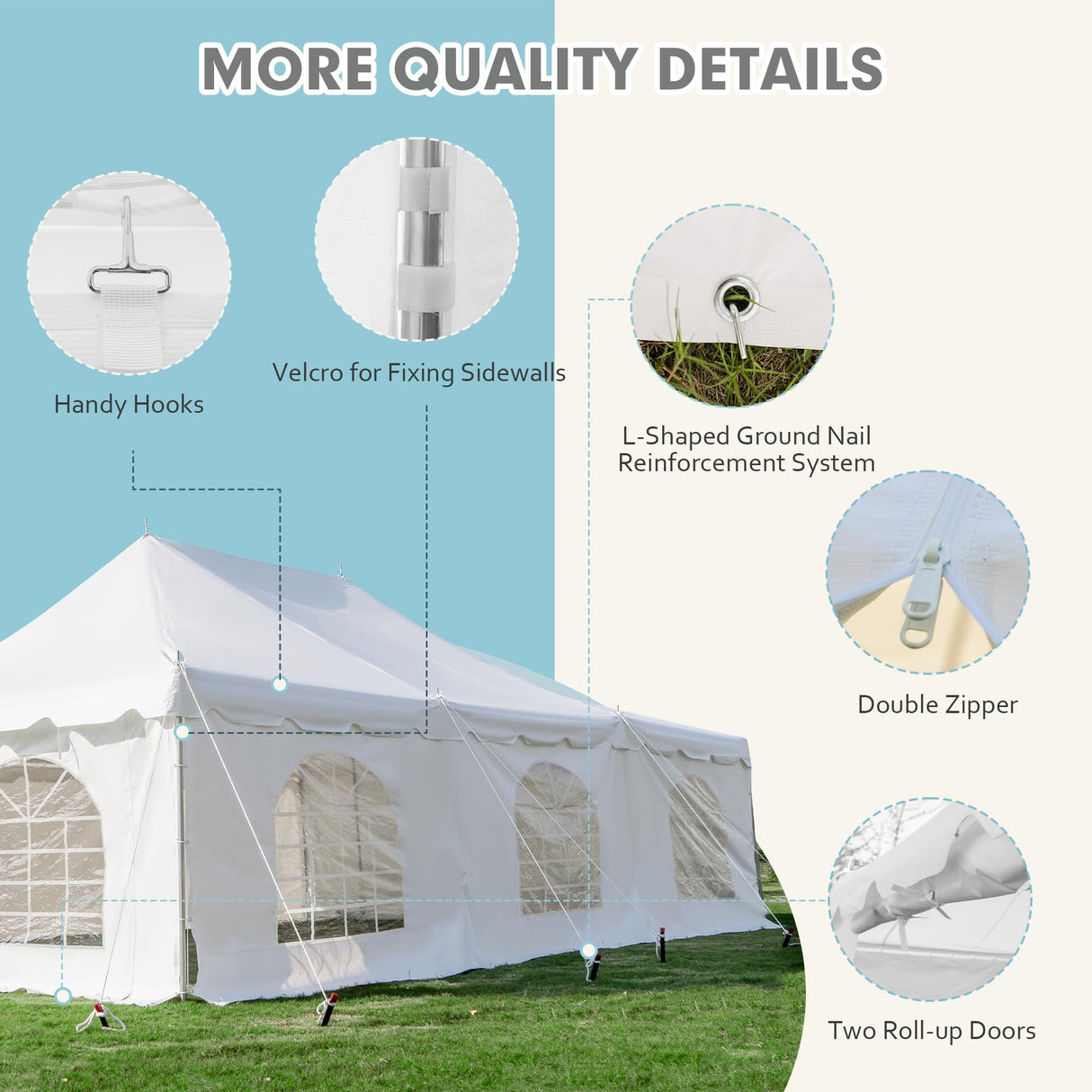 EROMMY 20x30ft Pole Party Tent with Sidewalls, 2 Doors, Carry Bags, Heavy Duty PVC Fire Retardant Outdoor Canopy for 120 People, Ideal for Parties, Events, Weddings, Large White Tent EROMMY