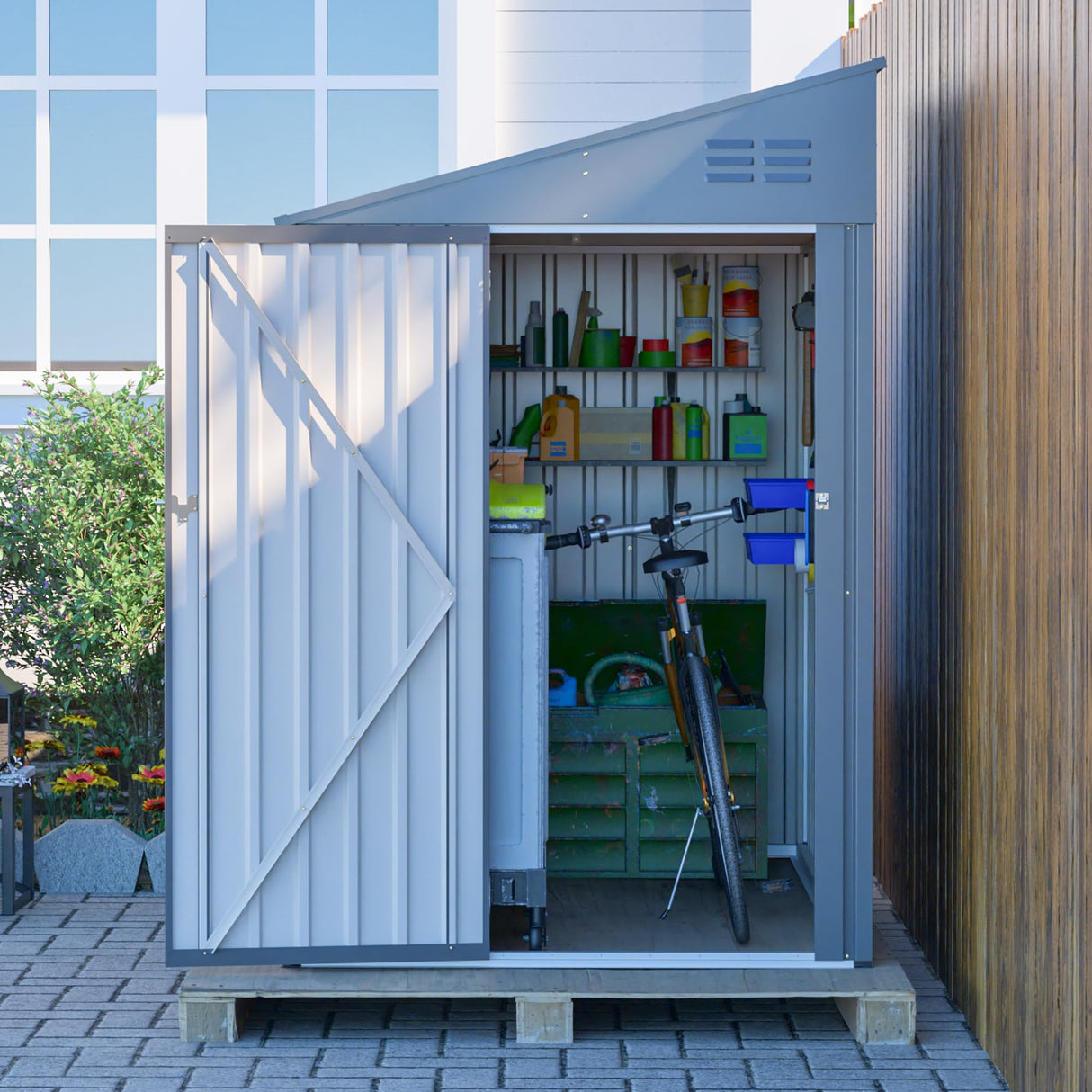 4x7 FT Lean-to Metal Storage Shed with Single Lockable Side Door, Sloping Roof Galvanized Steel Outdoor Tool Shed for Garden, Patio & Backyard Storage Mulinsonfly
