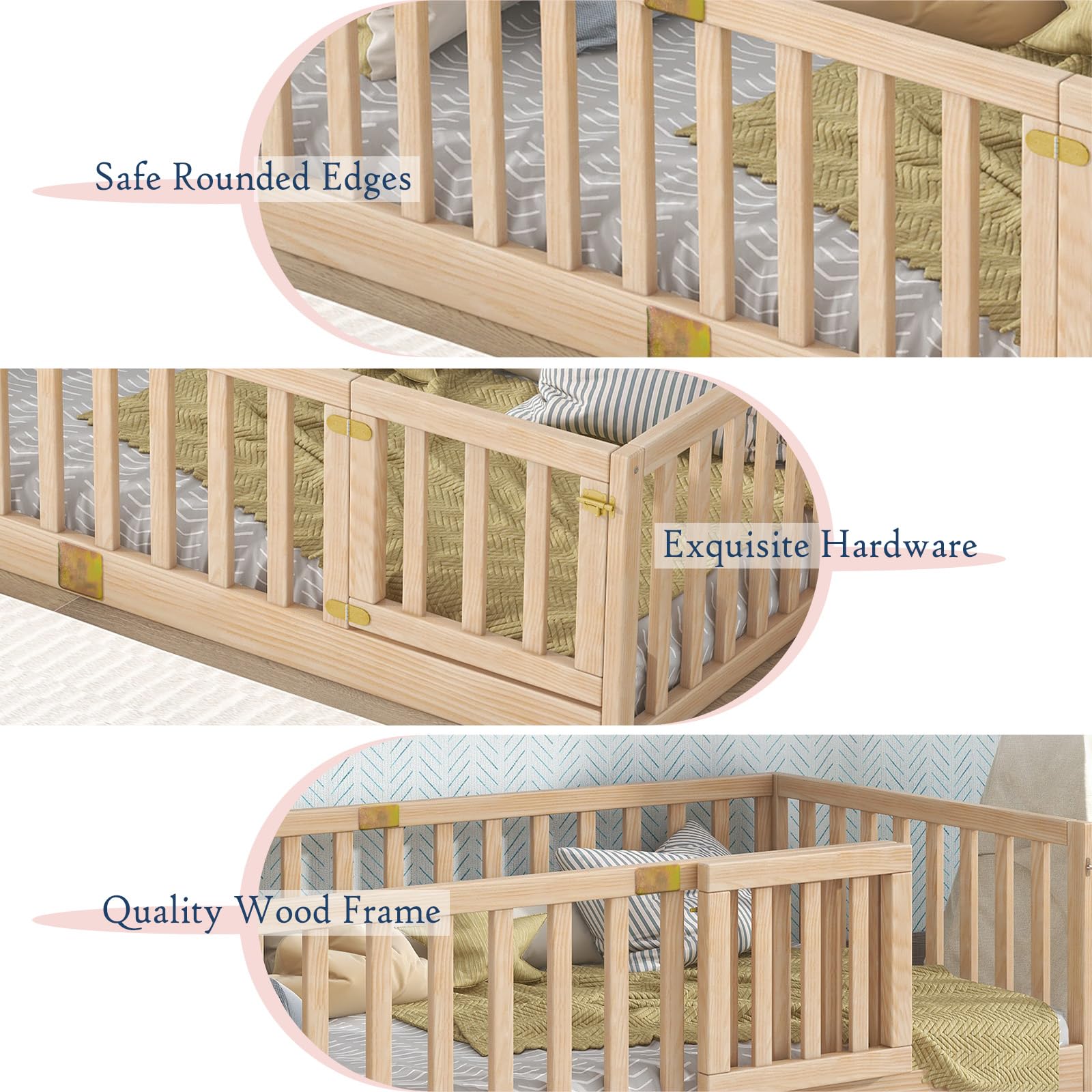 Tatub Montessori Twin Floor Bed with Safety Guardrails - Versatile Nature Wood Frame - WoodArtSupply